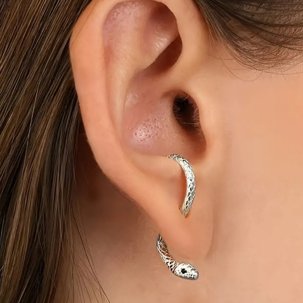 Silver Mini Sized 2 Piece Through the Ear Snake Design Earrings